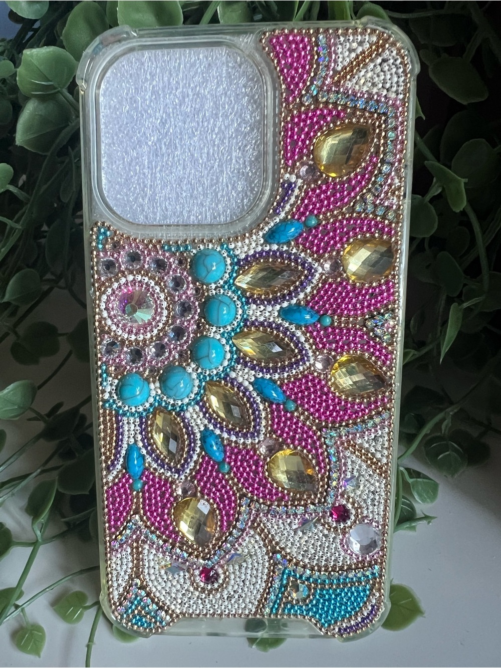 Hand Beaded Pink & Turquoise Mandala Bejeweled iPhone 13 Pro Phone Case